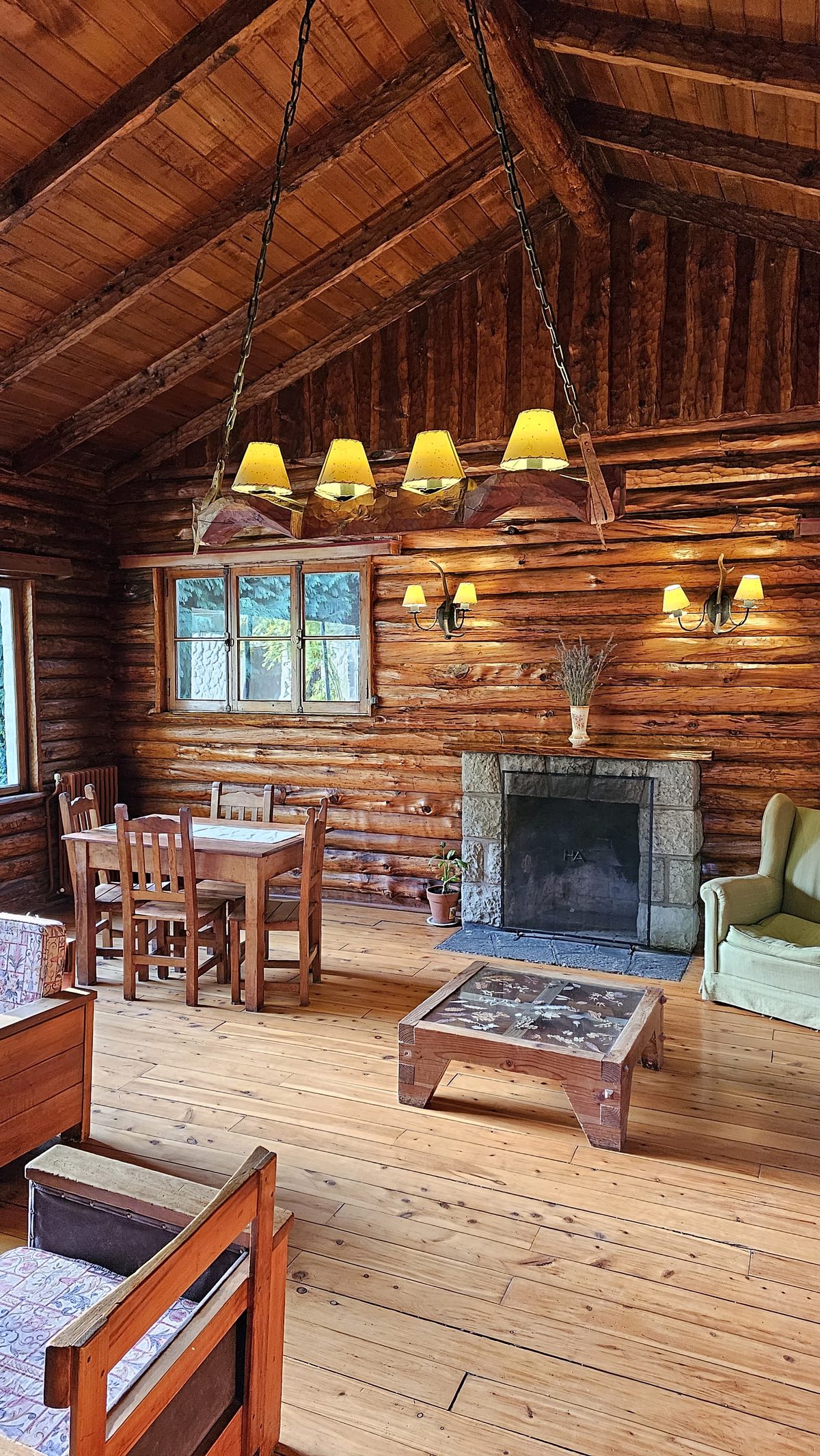 Living del bungalow con hogar a leña